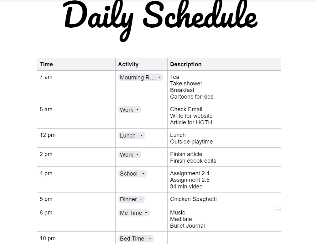 A screenshot of a customizable daily schedule to help with recovering from burnout. 