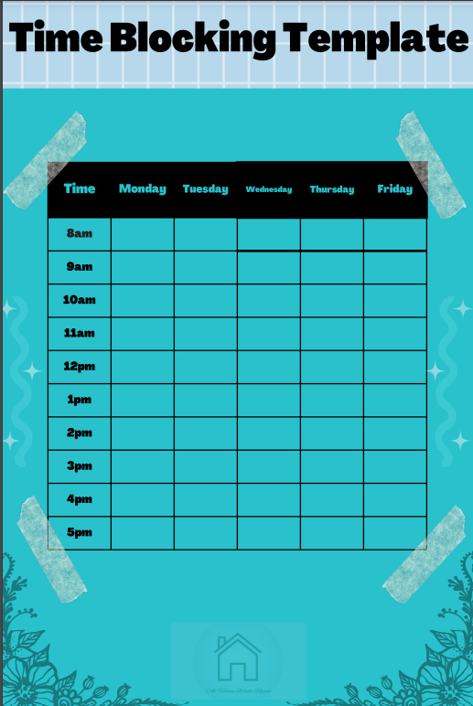 Time management tool, time blocking template